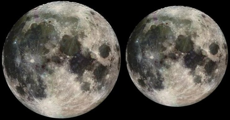 Différence de taille entre la lune à l'apogée (le plus loin, à droite) et au périgée (le plus près, à gauche)